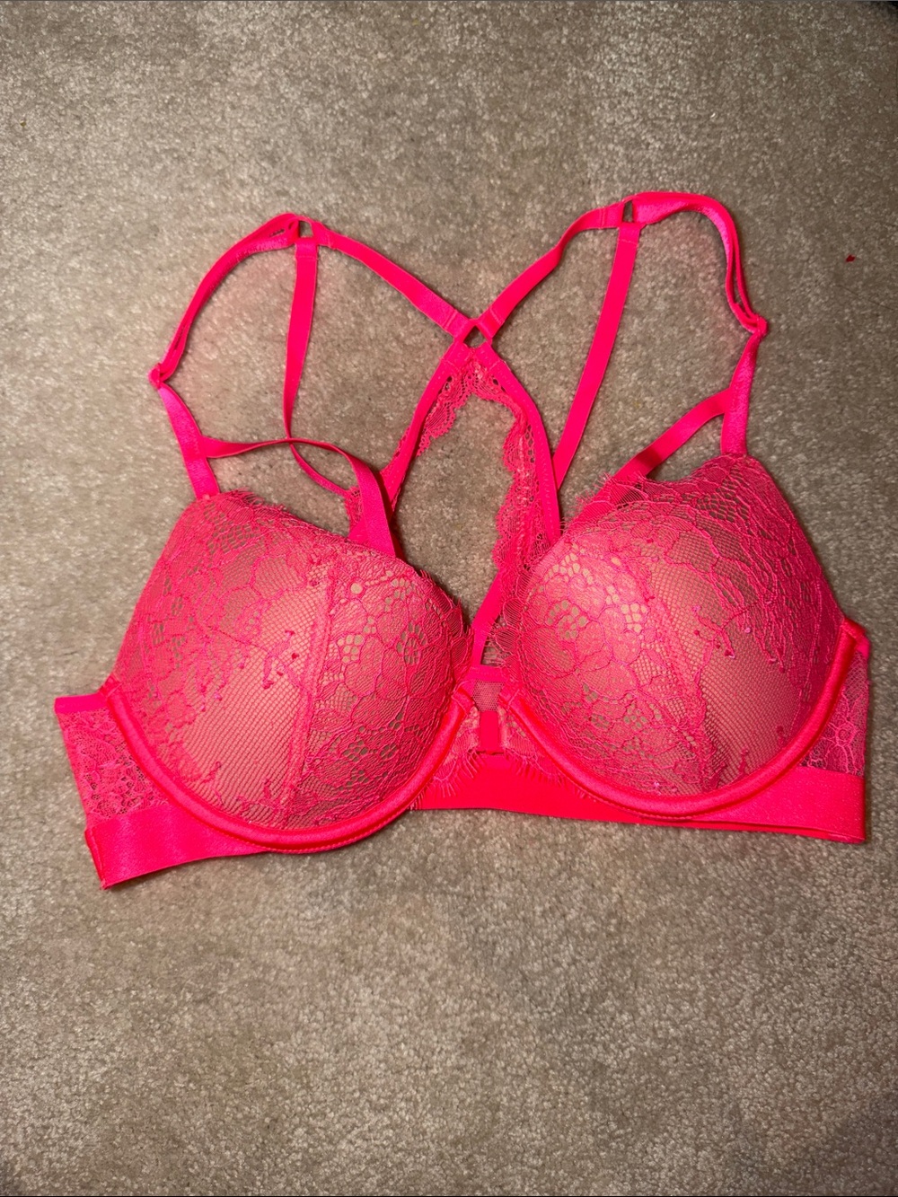 Victoria's Secret Neon Pink Lace Push-Up Bra with Strappy Back